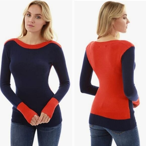 ☔️🩵PattyBoutik Blue & Orange Colorblock Boatneck Sweater Large - Picture 1 of 12